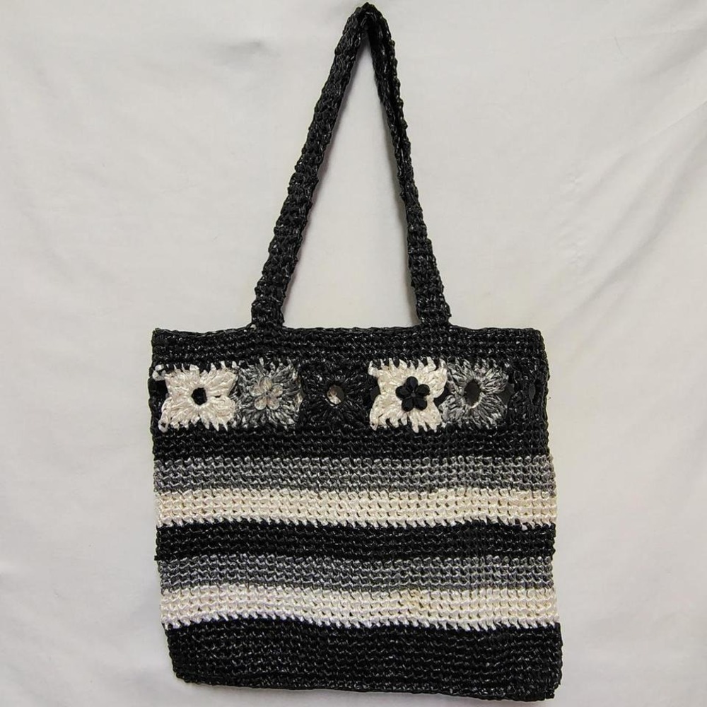Black‎ White Woven Crochet Floral Raffia Shoulder Bag Tote Striped Whimsygoth